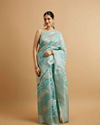 Light Blue Leaf Patterned Saree with Floral Motifs